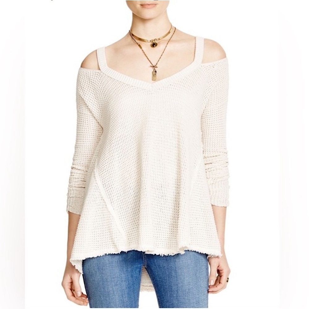 Free People Medium Moonshine Tunic Sweater Cold Shoulder Knit Fringe M Cotton